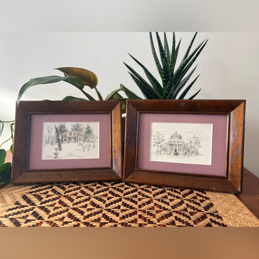 Vintage Wall Art Prints Architectural Sketches by Lewis in Mauve Mats Wood Frame